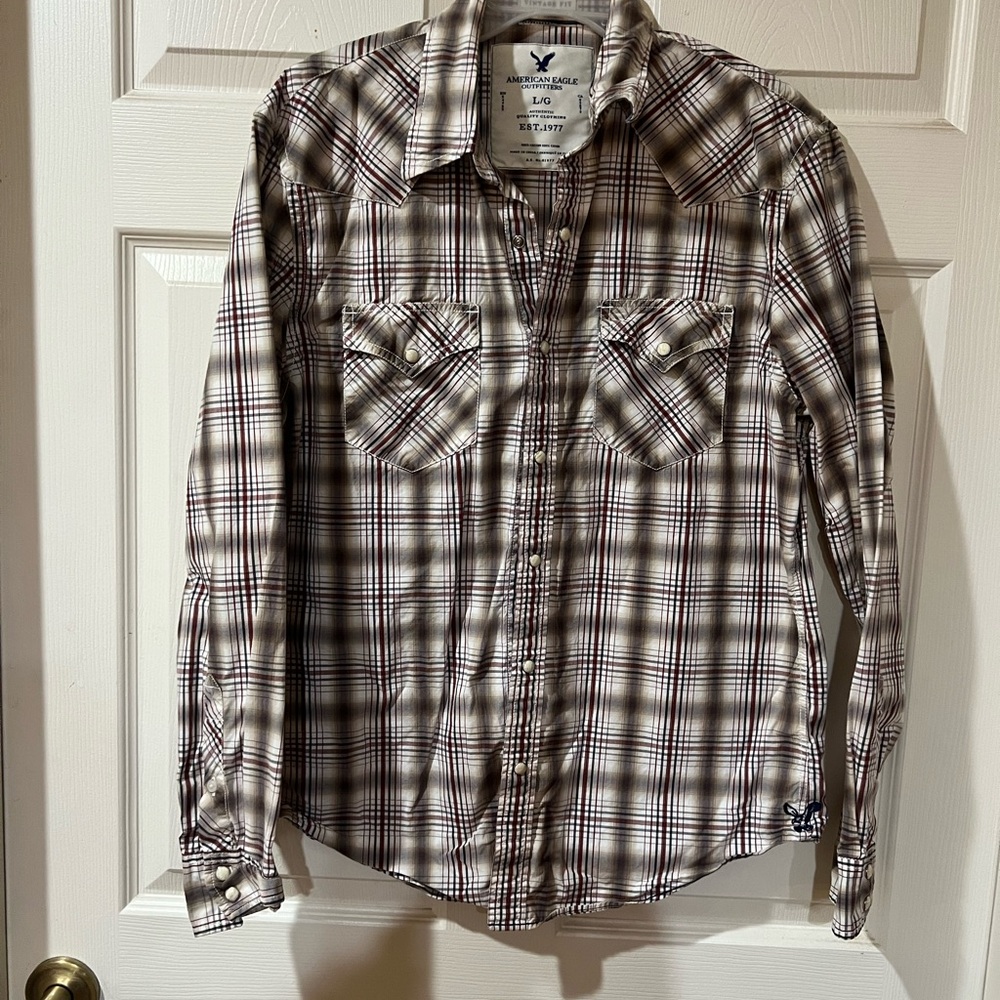 American Eagle Outfitters Men's Checkered Shirt - Brown and White